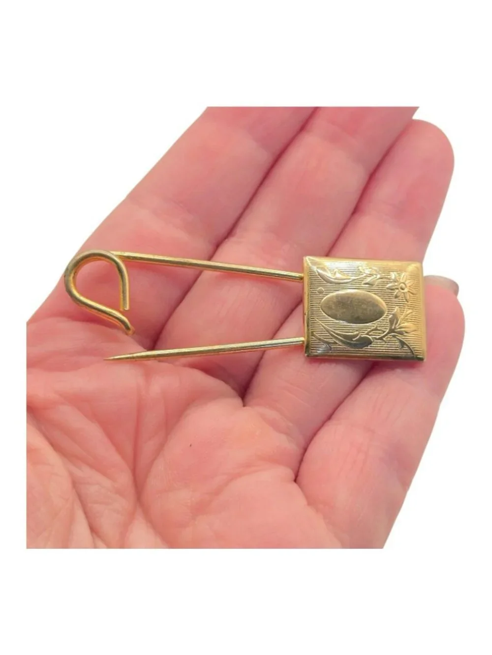 Antique Gold Tone Safety Sash Pin Brooch Floral Engraved Design